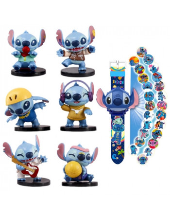 Набір фігурок 6в1 Стіч на підставках із м/ф 'Ліло та Стіч', 6-8 см та проекційний 3D годинник — Stitch