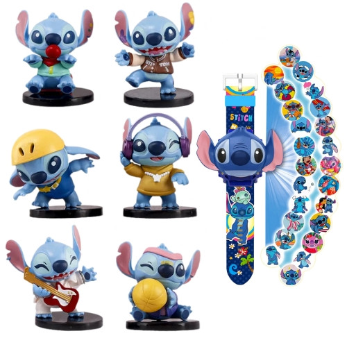 Набір фігурок 6в1 Стіч на підставках із м/ф 'Ліло та Стіч', 6-8 см та проекційний 3D годинник — Stitch
