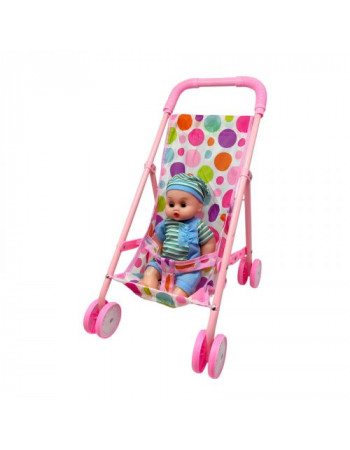 Коляска з пупсом та аксесуарами (РОЖЕВА В ГОРОШОК)