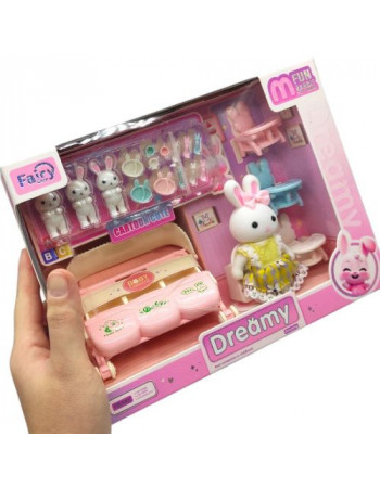 Набір меблів з тваринкою (флоксова фігурка, 3 маленьких фігурки, візочок, аксесуари)