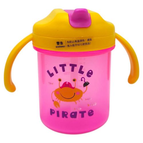 Дитячий поїльник з трубочкою, 280 мл (РОЖЕВИЙ, ЖОВТІ РУЧКИ)