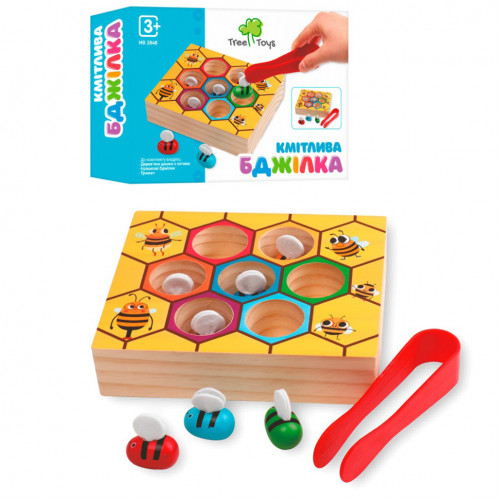 Деревянная игрушка 'Сообразительная Пчелка' MD 2848 игровое поле/соты, щипцы и 7 пчелок