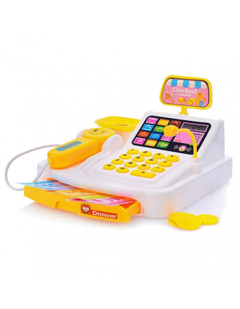 Игрушечный кассовый аппарат 777-21, на батарейках, сканер, деньги, свет, звук Белый