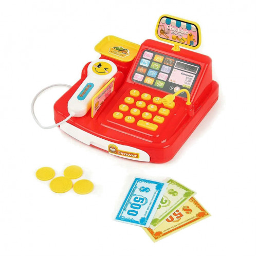 Игрушечный кассовый аппарат 777-21, на батарейках, сканер, деньги, свет, звук Красный