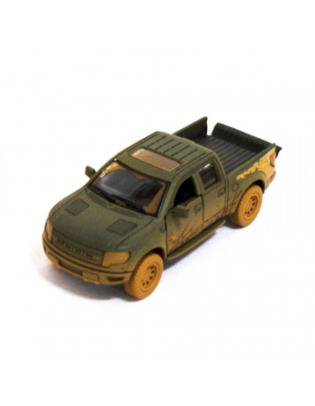 Детская модель машинки пикап Ford F-150 SVT Raptor-Supercrew Muddy Kinsmart KT5365WY инерционная, 1:46 Dark-Green