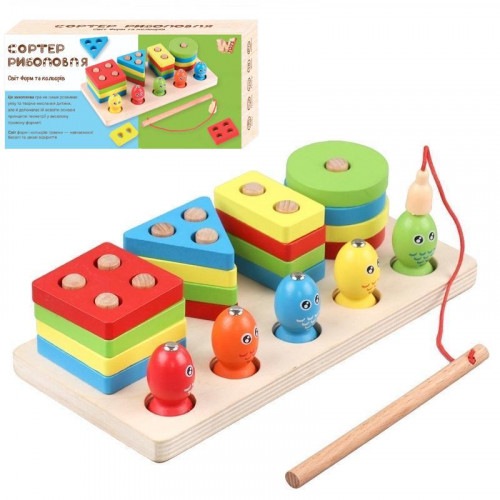 Дерев'яна іграшка 2 в 1 - сортер 'геометрика' та магнітна рибалка арт. 40426