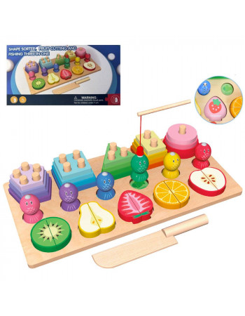 Дерев'яна розвиваюча іграшка 3в1 (сортер-геометрика/магнітна рибалка/фрукти на магнітах) арт. D 38474