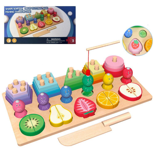 Дерев'яна розвиваюча іграшка 3в1 (сортер-геометрика/магнітна рибалка/фрукти на магнітах) арт. D 38474