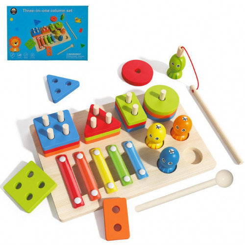 Дерев'яна іграшка 3 в 1 (ксилофон, сортер 'геометрика', магнітна рибалка) арт. C 74245