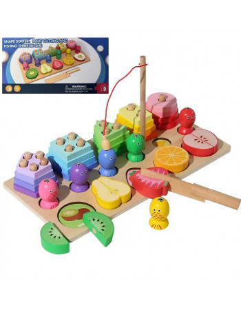 Дерев'яна розвиваюча іграшка 3в1 (сортер-геометрика/магнітна рибалка/фрукти на магнітах) арт. D 38474