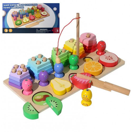 Дерев'яна розвиваюча іграшка 3в1 (сортер-геометрика/магнітна рибалка/фрукти на магнітах) арт. D 38474