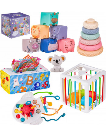 Набір розвиваючих іграшок 6 в 1 (піраміда, серветниця, кубики, брязкальця, куб з резинками та ін.) арт. 1297