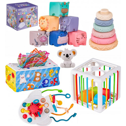 Набір розвиваючих іграшок 6 в 1 (піраміда, серветниця, кубики, брязкальця, куб з резинками та ін.) арт. 1297